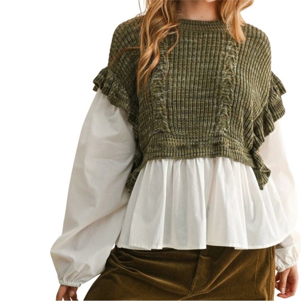 Anthro Self Contrast Olive Green Ruffled Sweater